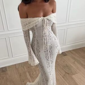 More to come- Off-Shoulder Lace Maxi Dress in White